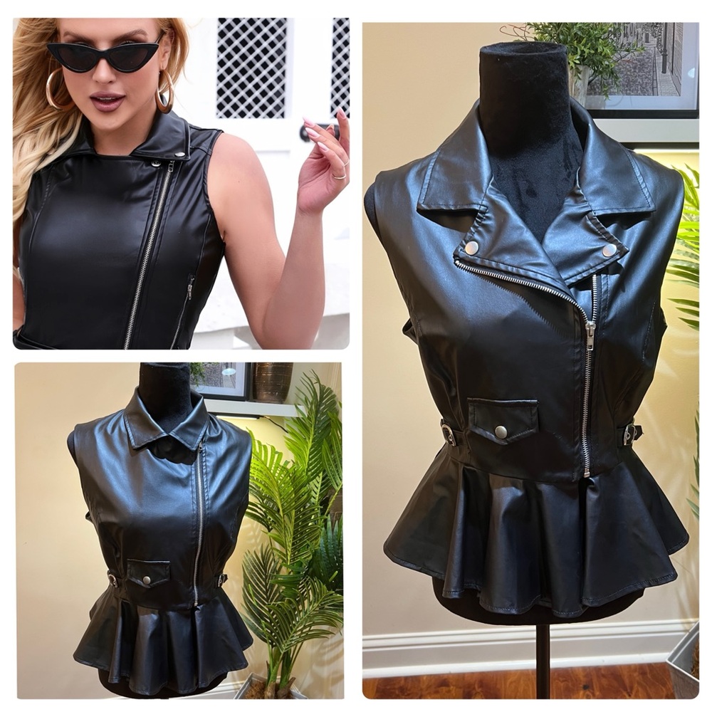 Nasty Gal Faux Leather Black Peplum Vest Jacket Medium
